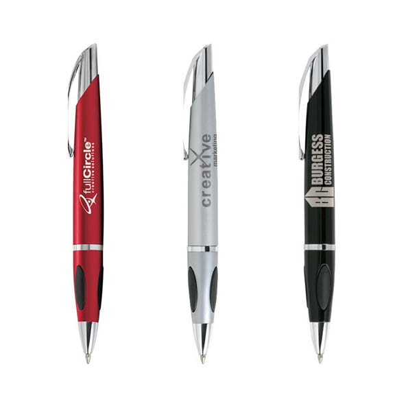 Three Protrusion Grip Pens in red, silver, and black with a logo on each pen. Protrusion Grip Pen - Image 1