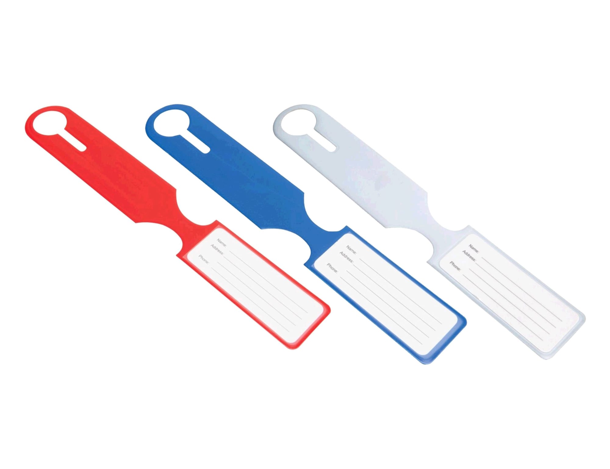 Three luggage tags in red, blue, and white, featuring a blank area for writing contact information. Each tag has a circular hole. Lumina Luggage Tag - Image 1