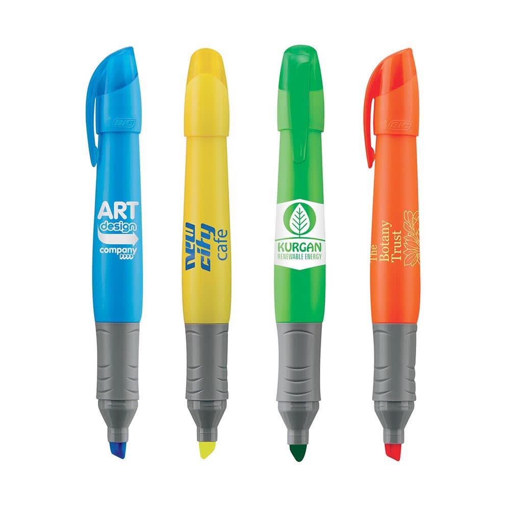 Four highlighters in blue, yellow, green, and orange, featuring grey grips and various logos. Brite Liner Grip Xl Pen - Image 1