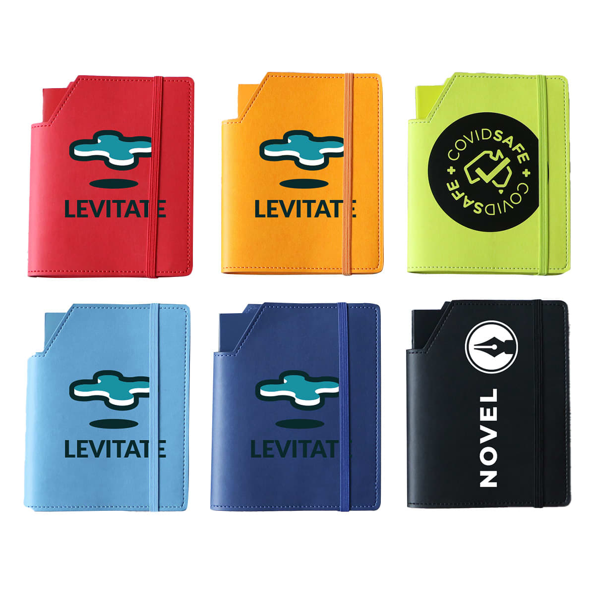 A collection of six Leatherette Small Covers in red, orange, green, blue, navy, and black, each with a logo. Leatherette Small Cover & Notebook - Image 1