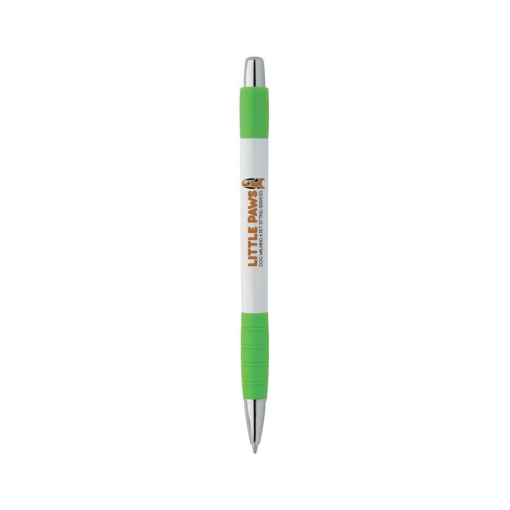 A white pen with a green grip and silver accents, featuring a logo on the body. White Element Pen - Image 1