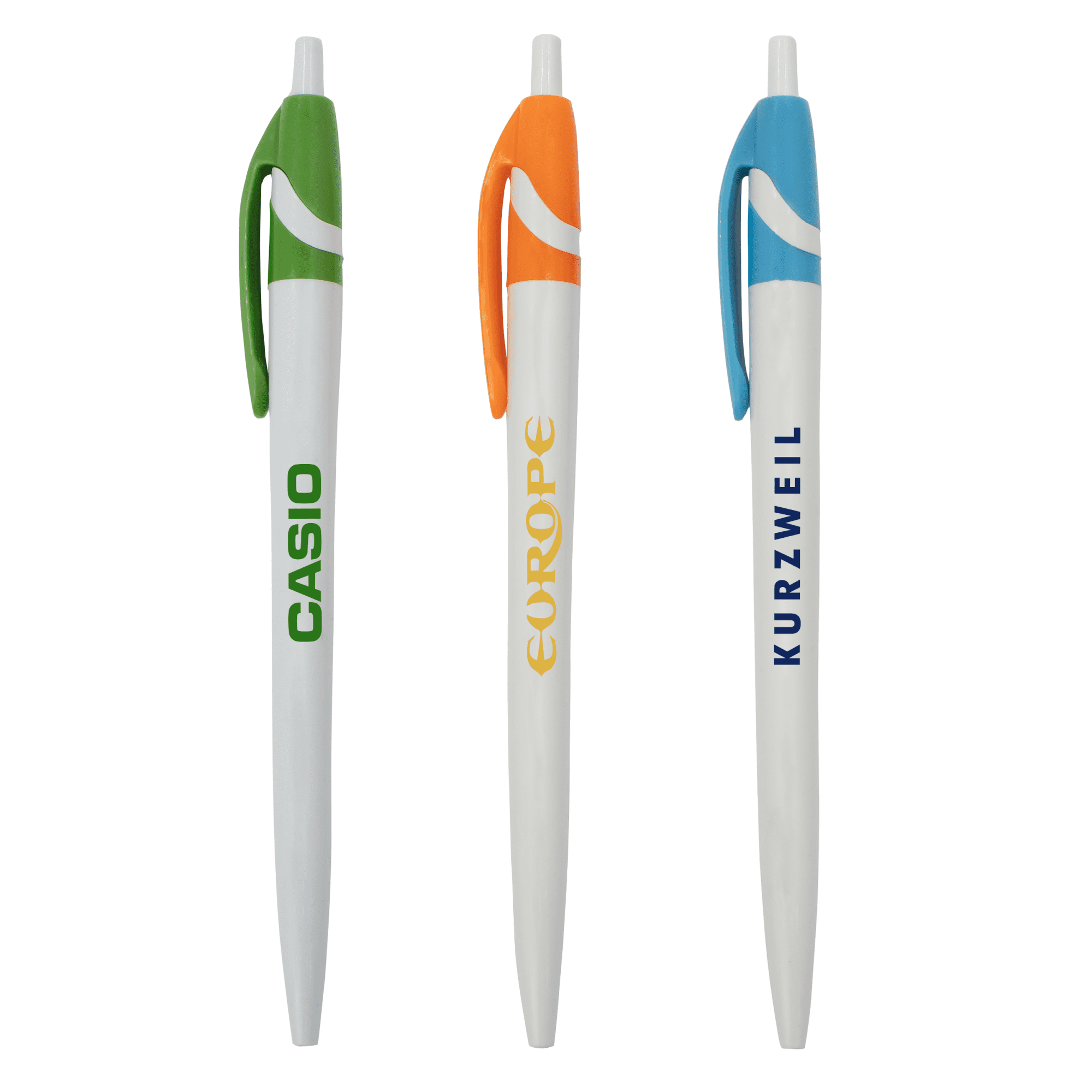 Three plastic pens in green, orange, and blue, each with white barrels and a logo on them. Electro Pen - Image 1