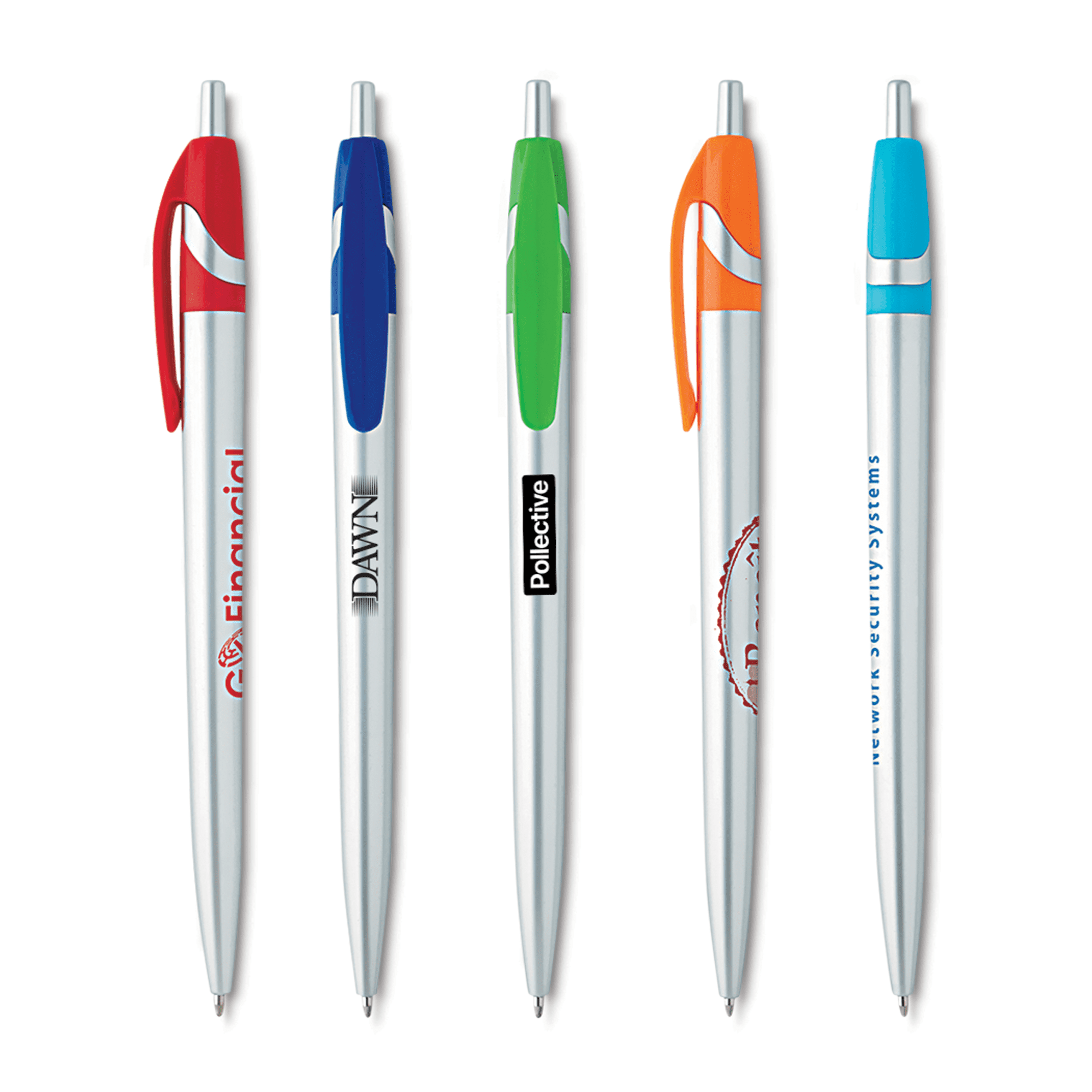 A selection of silver metal pens in various colours, featuring clips in red, blue, green, orange, and turquoise. Electro Silver Colour Pen - Image 1