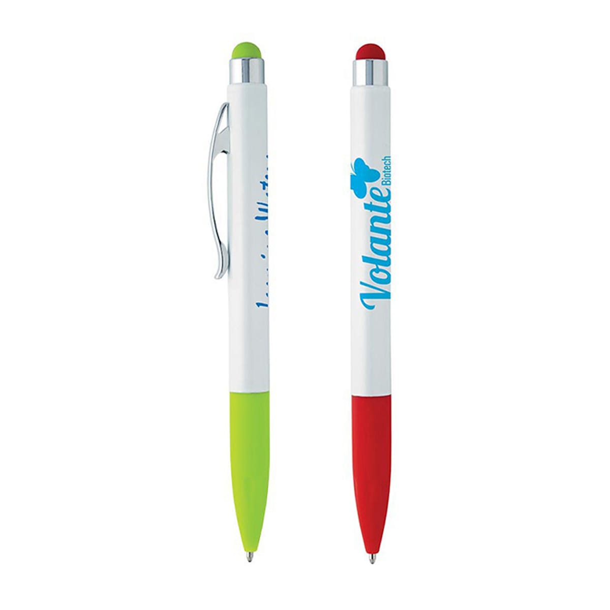 A set of two stylus pens in white with green and red tops, featuring a branding logo on the barrel. Jewel Stylus Pen - Image 1