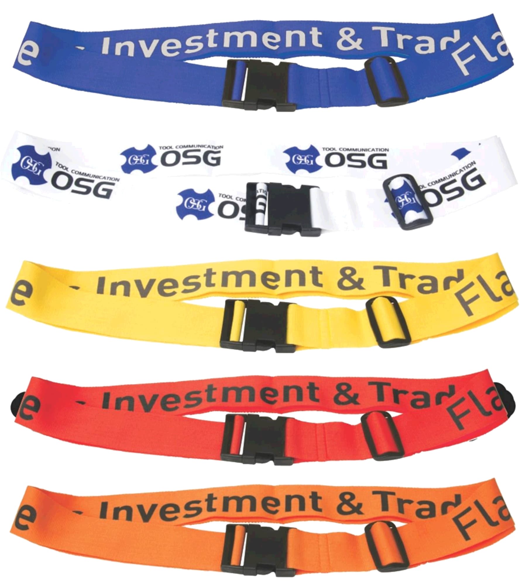 Multiple luggage straps in blue, white, yellow, orange, and red, each featuring black clips and a logo. Destination Luggage Strap - Image 1