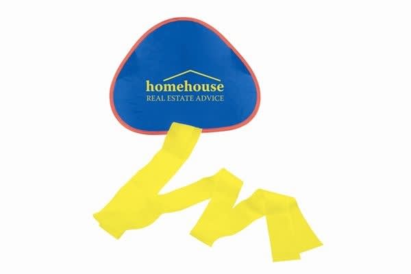 A blue triangular kite with a red edge and yellow ribbons, featuring a logo on one side. High-Flyer Kite, INDENT - Image 1