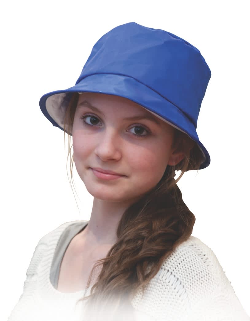 A blue bucket hat worn by a young girl, featuring a logo on the side. Handi-Hat, INDENT - Image 1