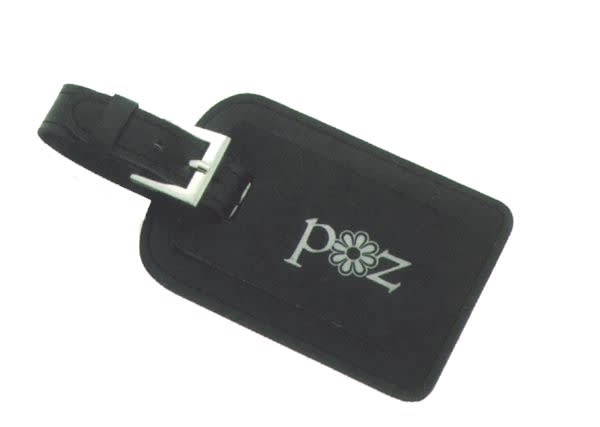 A black leather luggage tag featuring a silver buckle and a floral logo. San Remo Leather Luggage Tag - Image 1