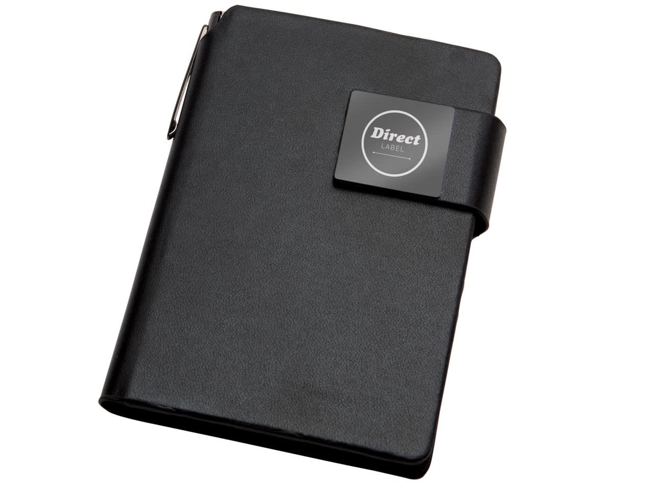 A black notebook with a clasp and a logo, designed for office use. New York Pocket Jotter - Image 1