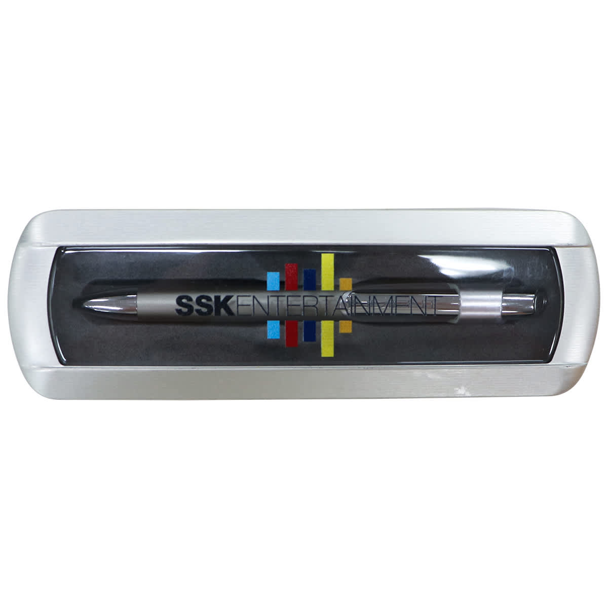 A matte metal gift box containing a silver pen, featuring a logo and colourful design elements. Matte Metal Gift Box - Image 1