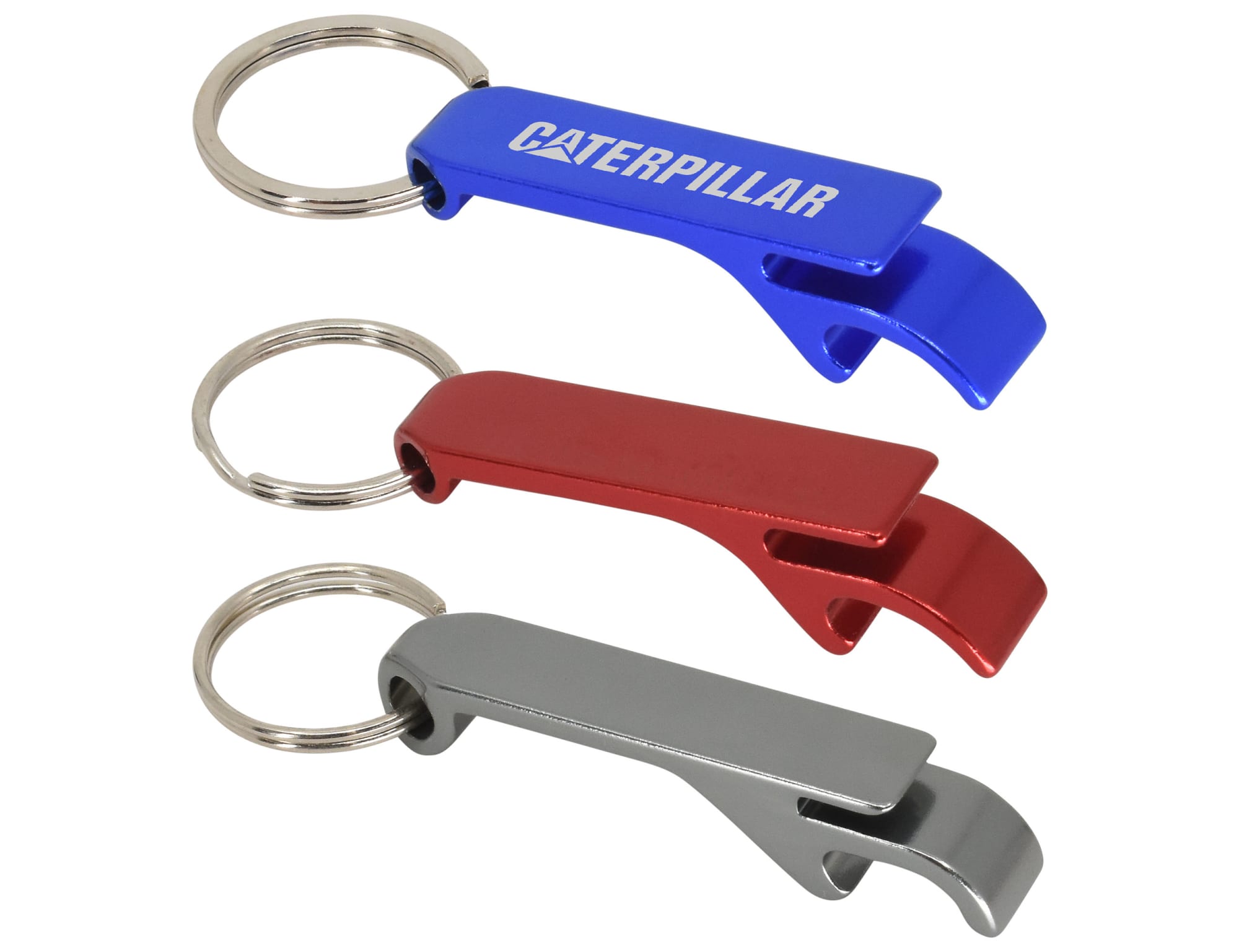 A drink bottle opener keyring set in blue, red, and grey, featuring a branding logo. Bottle Mate Keyring - Image 1