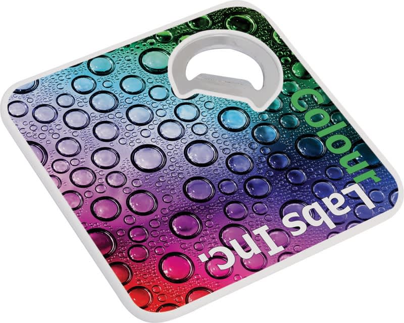 A drink bottle opener and coaster with a vibrant gradient of pink, purple, blue, and green, featuring a logo. Bottle Bud Opener-Coaster (new style) - Image 1