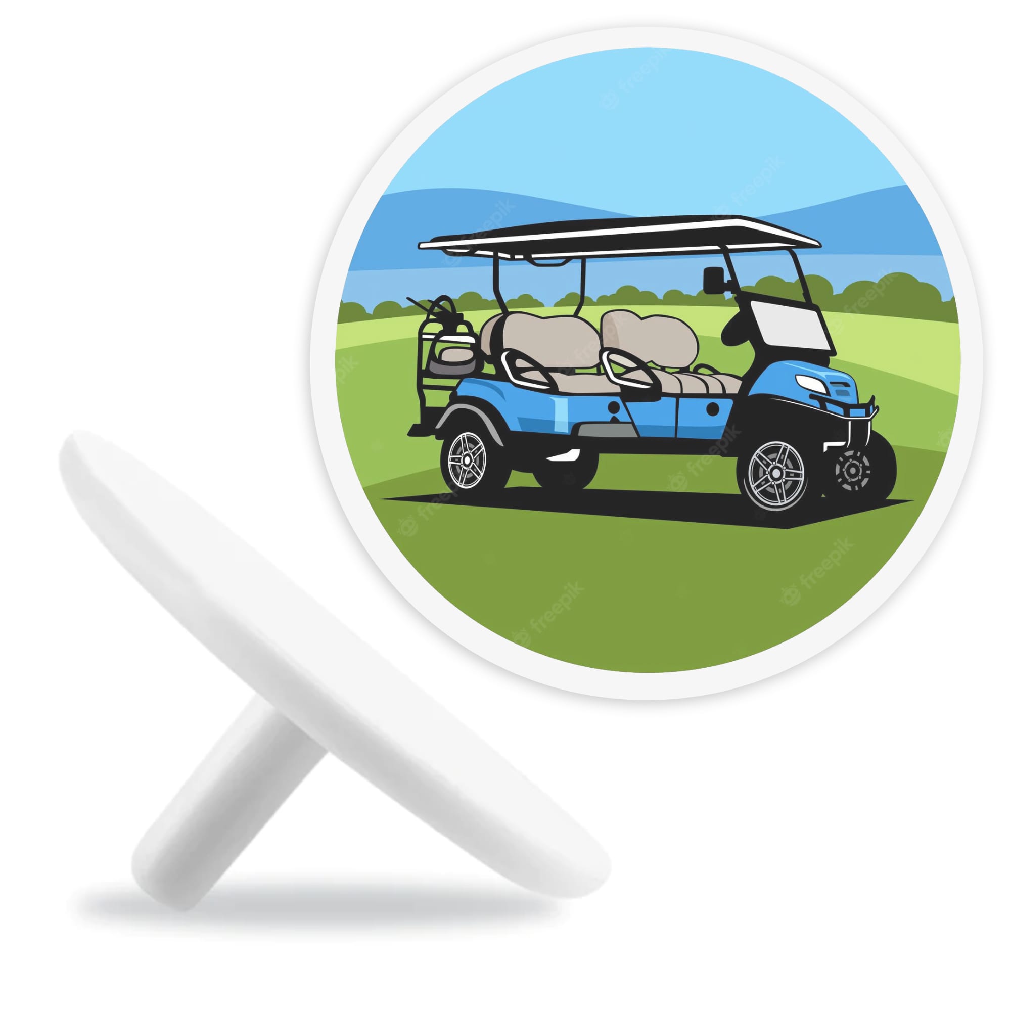 A round golf ball marker featuring a blue golf cart with a canopy, set against a green landscape and blue sky. Golf Ball Marker - Image 1