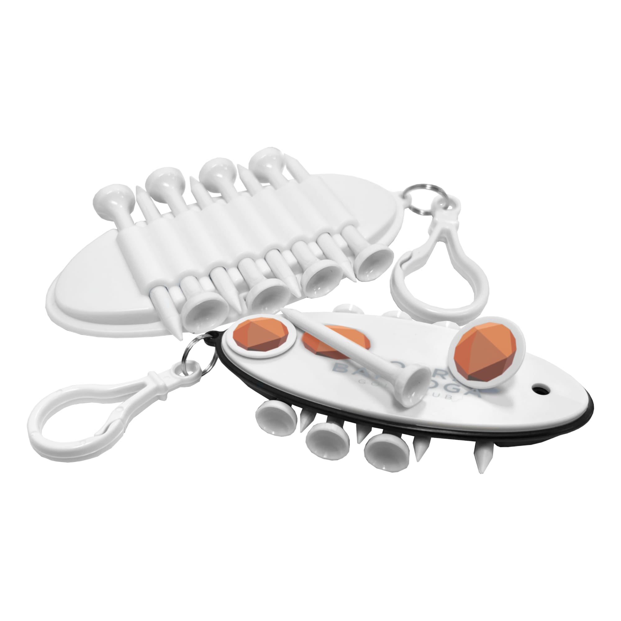 A golf tee holder featuring white and orange elements, with multiple golf tees and a clip for attachment. Golf Buddy - Image 1