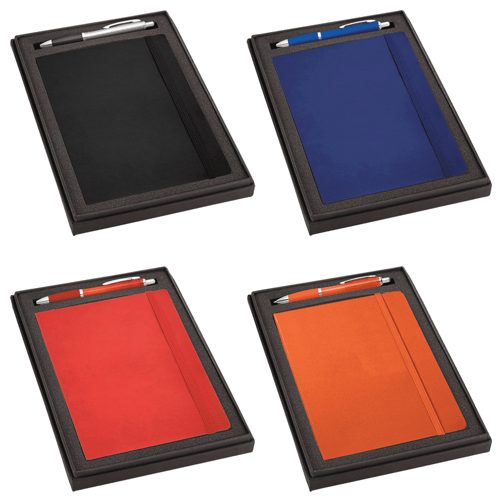 A gift set featuring a black, blue, red, and orange journal, each with a matching pen, presented in a box. Gift Set w/ 9196 Journal & 4101 Nash Pen - Image 1