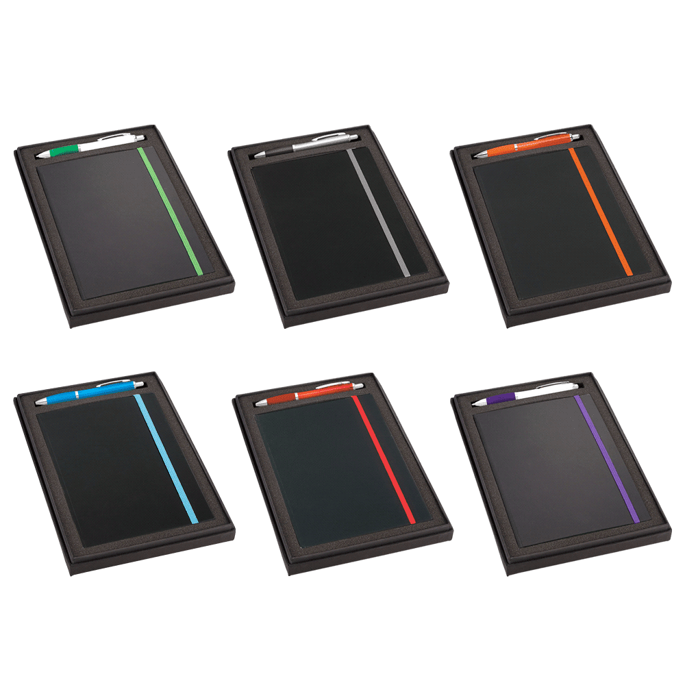 A gift set featuring a JB1001 journal in black with colourful striped accents and a matching Nash pen in various colours. Gift Set w/ JB1001 Journal & Nash Pen - Image 1