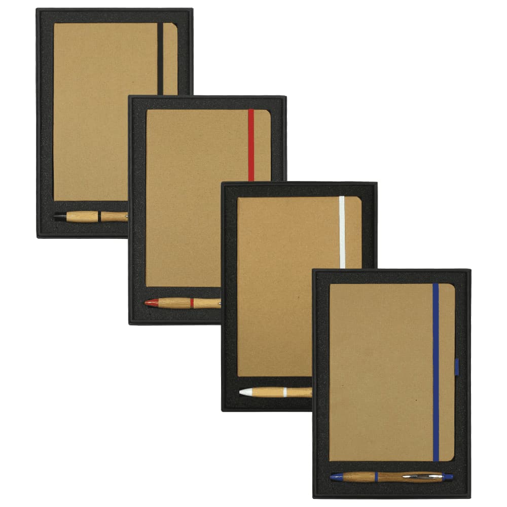 A collection of four JB1022 Colour Bound Journals in black with bamboo pens, featuring red, white, and blue accents. Gift Set w/ JB1022 Colour Bound Journal & 4104 Nash Bamboo Pen - Image 1