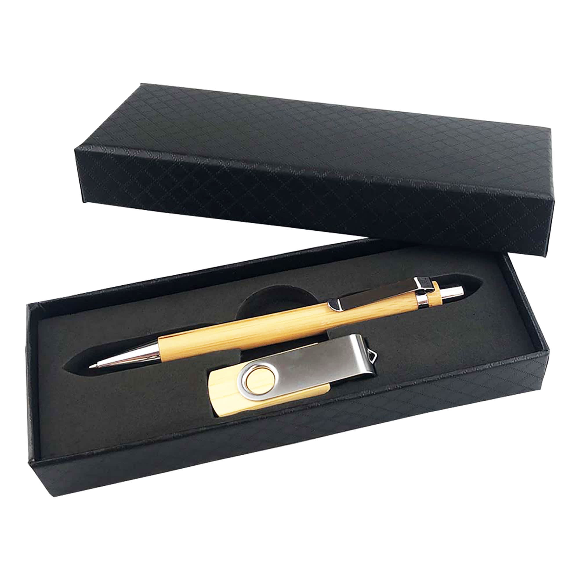 A black gift box containing a wooden pen and a metal USB drive with a logo. Bambi Gift Set - Image 1