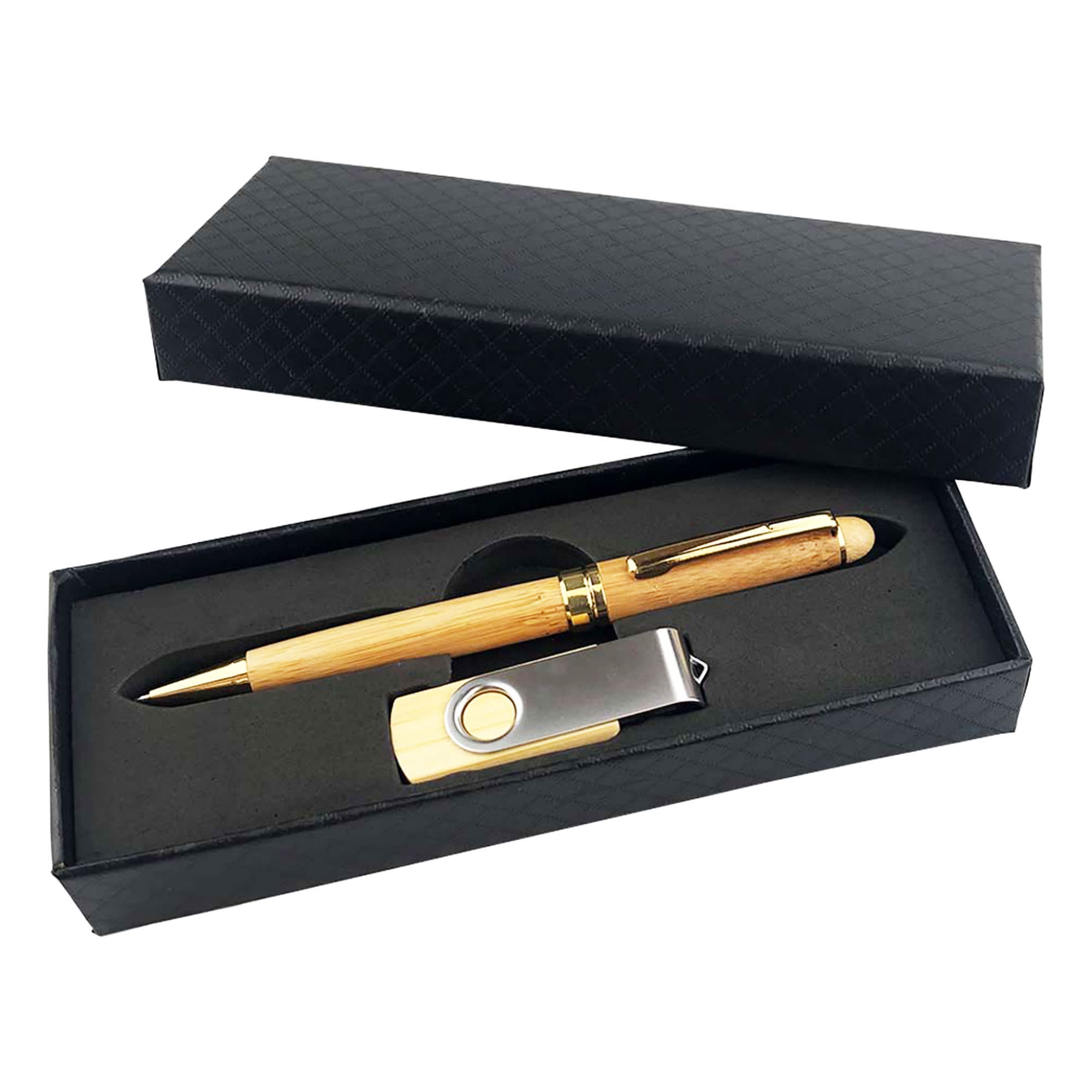 A wooden pen and metal USB drive displayed in a black gift box, featuring a sleek design and an elegant finish. Boron Gift Set - Image 1