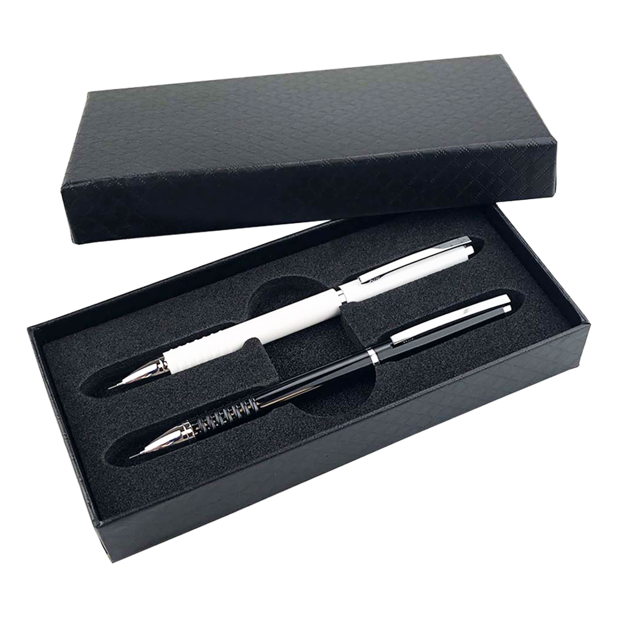 A gift box containing a black pen and a white pen, both with chrome accents, resting in black foam. FUSION Pencil Gift Set - Image 1