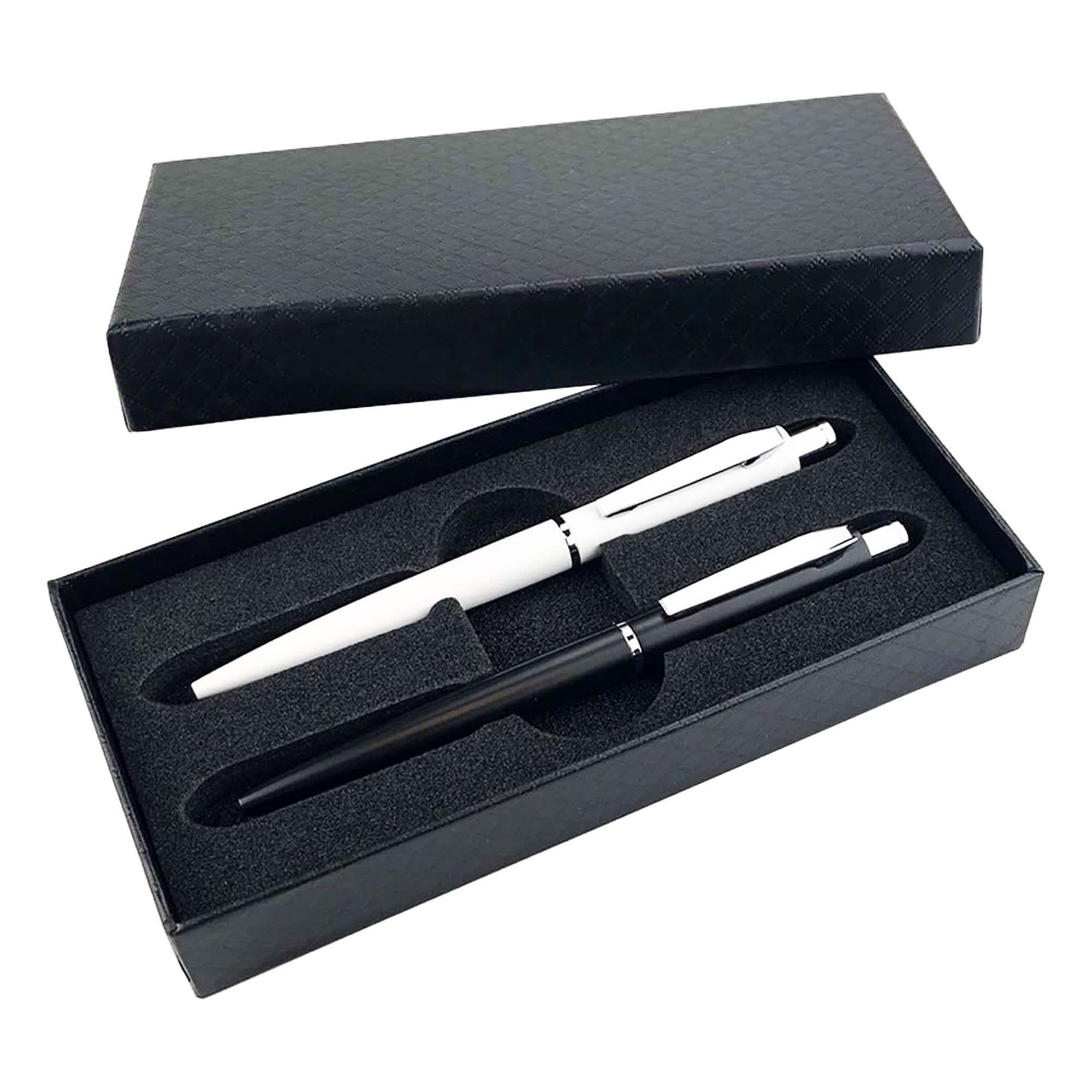 A black gift box containing a black metal pen and a white metal pen, both resting on a foam insert. SNOOKER Pen Gift Set - Image 1