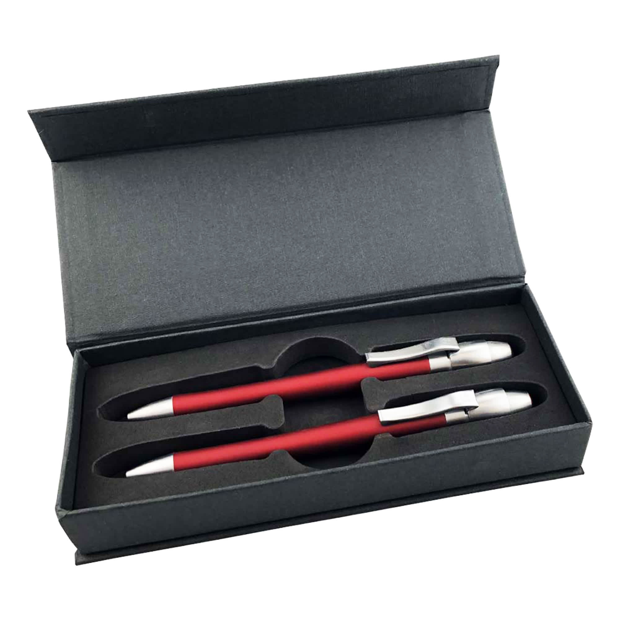 A red metal pen gift set featuring two pens, displayed in a black presentation box with a fitted interior. AURA Metal Italy Prestige Pen Gift Set - Image 1