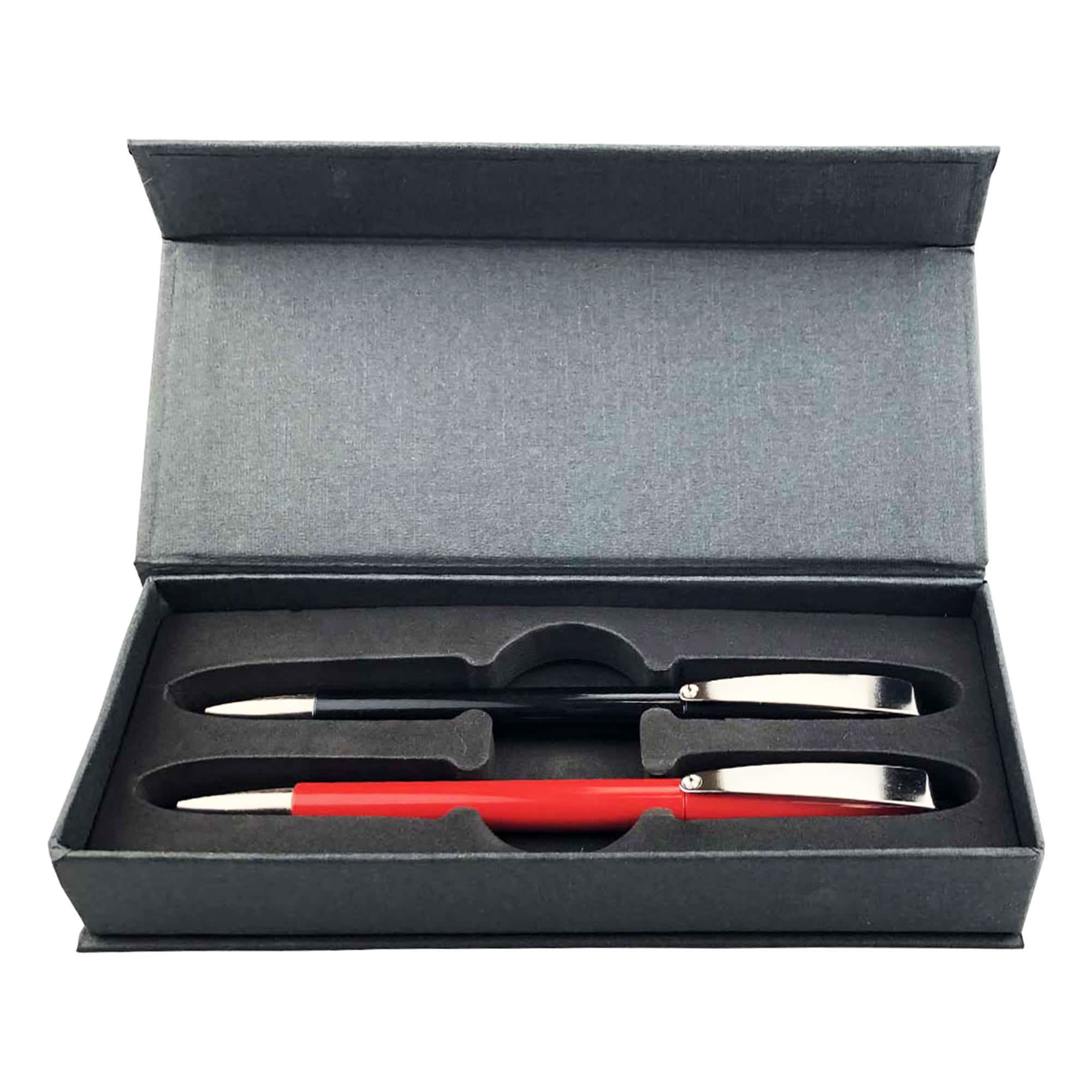 A pen gift set featuring a black and a red plastic pen, presented in a sleek grey box. Prestige Pen Gift Set - Image 1