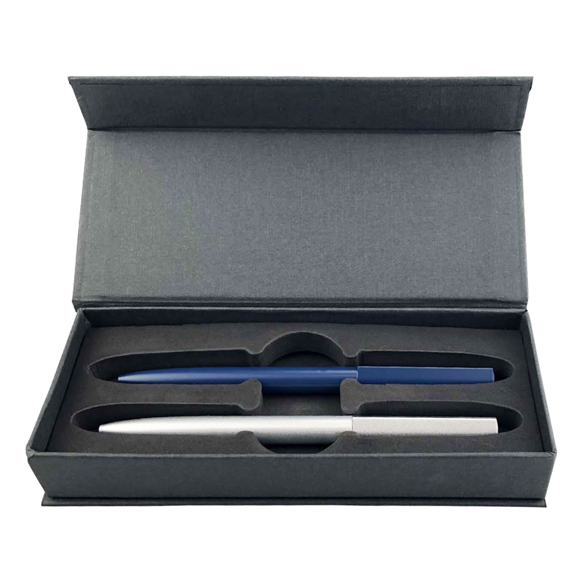 A gift box containing two metal pens, one silver and one blue, in a padded interior. Valorias Elite Pen Gift Set - Image 1