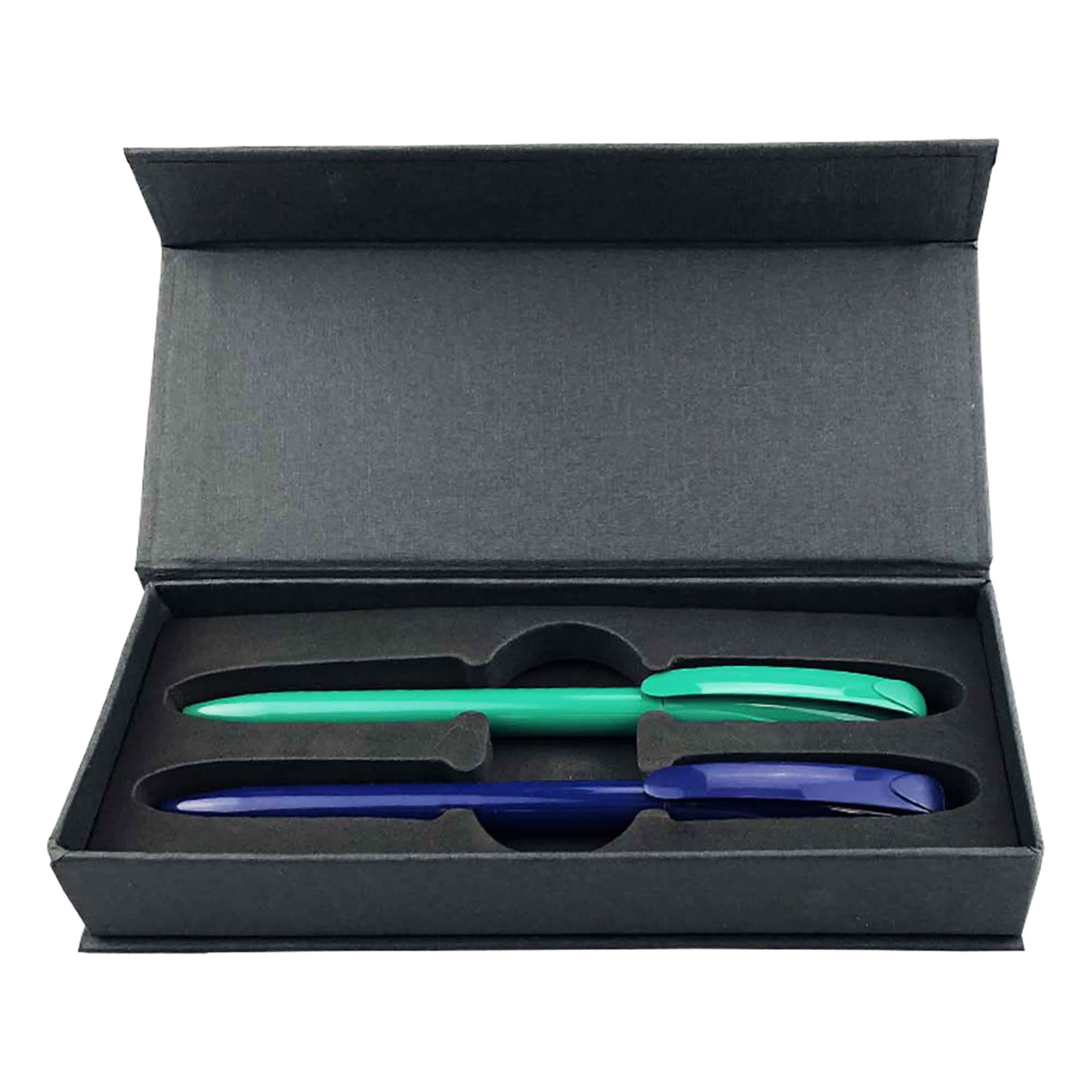A gift box containing two plastic pens, one green and one dark blue, with a simple black exterior. BOA Signature Solid Gift Set - Image 1