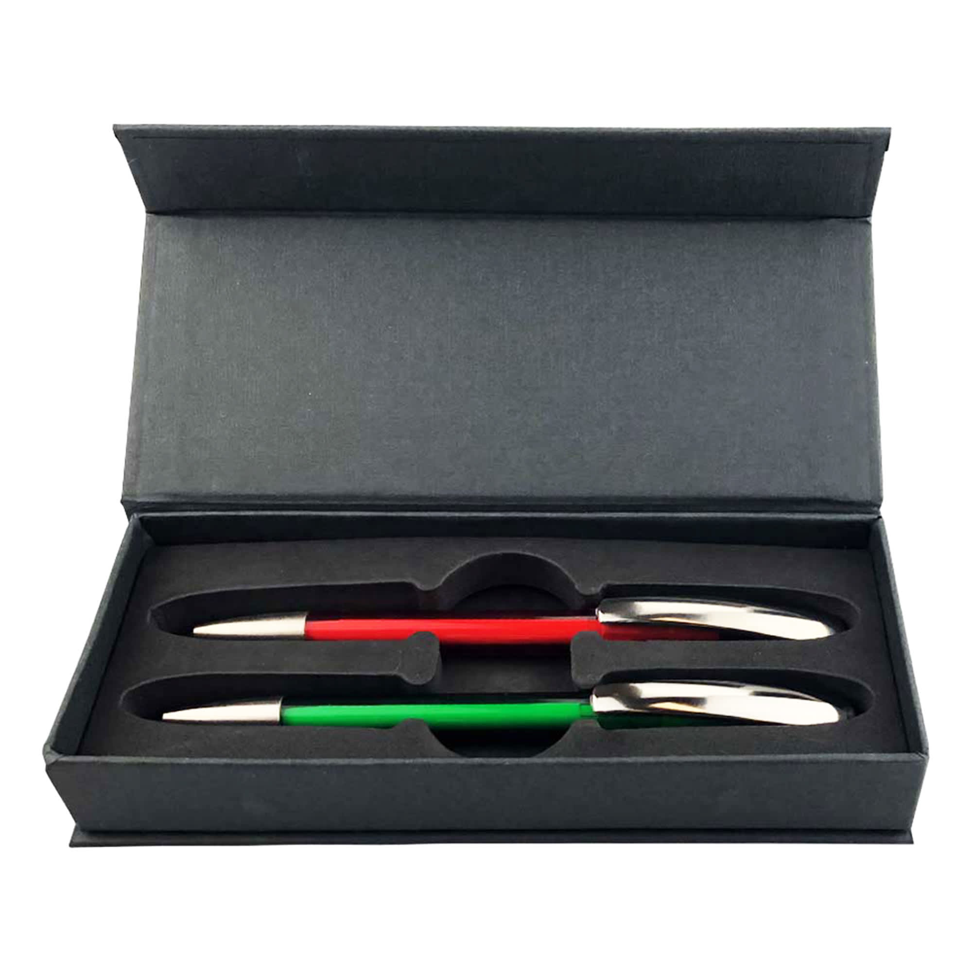 A gift box containing two plastic pens, one red and one green, with silver accents. The box has a sleek design and a logo. ARCA Luxe Pen Gift Set - Image 1