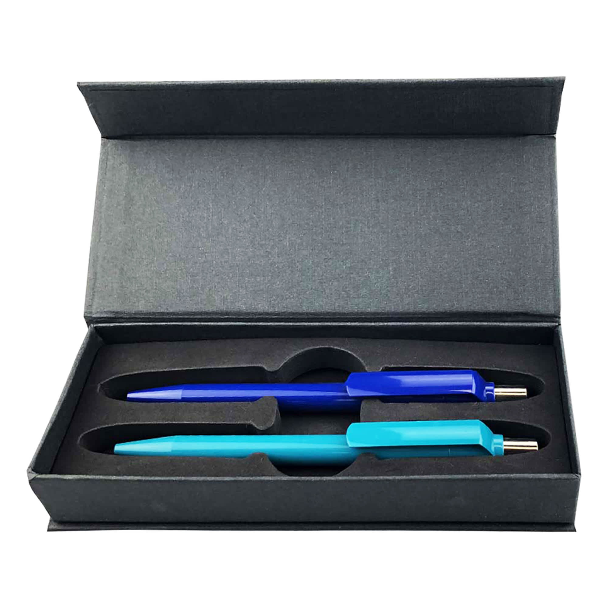 A blue and turquoise pen set displayed inside a sleek black gift box. The box features an inner mould for secure placement. Dotmark Pen Gift Set - Image 1