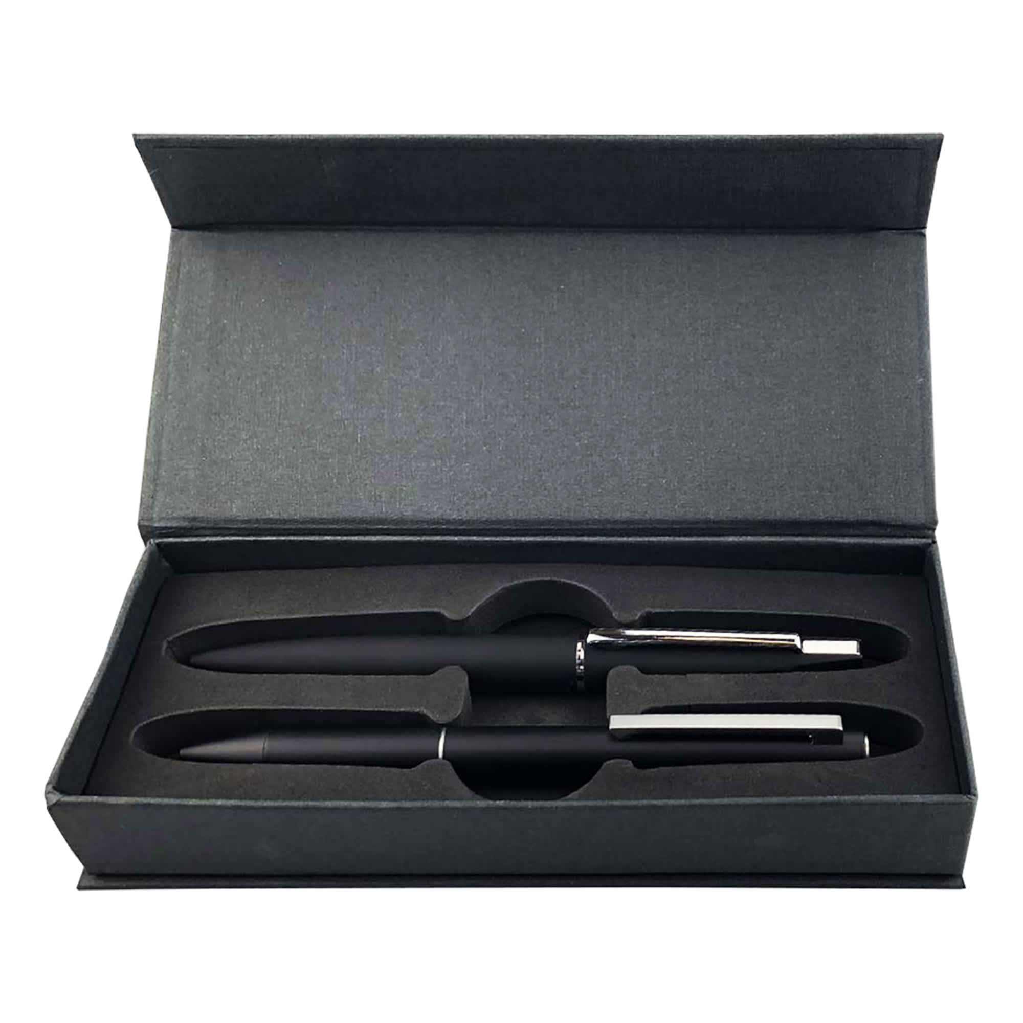 A metal pen gift set in a black box, featuring two black pens with silver accents and a logo. Axel Medenea Core Pen Gift Set - Image 1