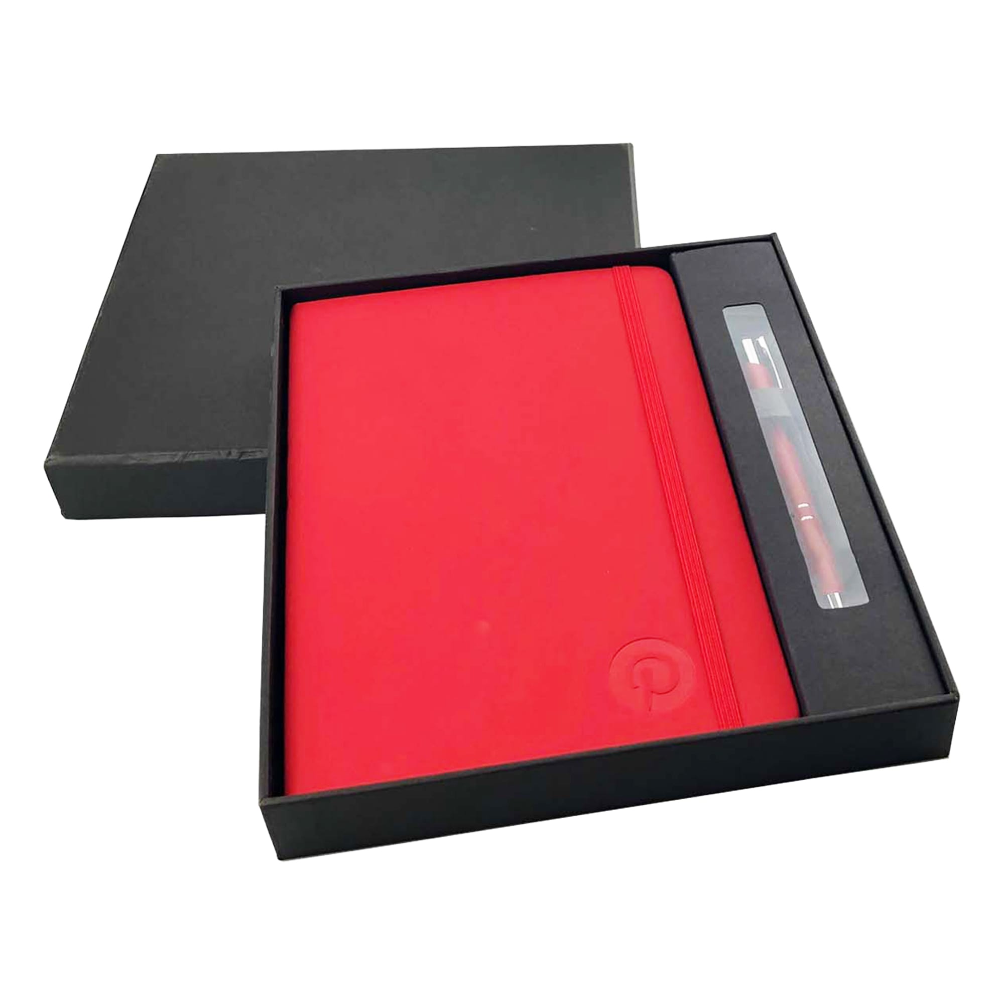 A red A5 notebook and a pen, both presented in a black gift box. The notebook features a logo. Alison A5 Notebook and Pen Gift Set - Image 1