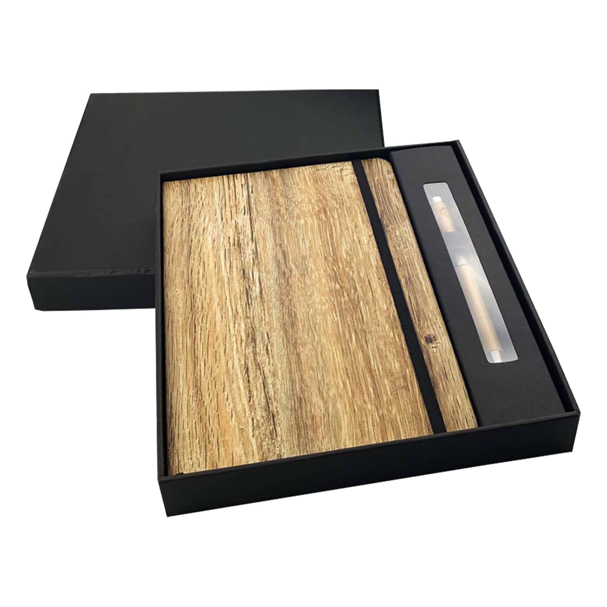 A wooden-look notebook and pen gift set in a black box, featuring a natural wood texture and elegant design. Wood Look Notebook and Pen Gift Set - Image 1