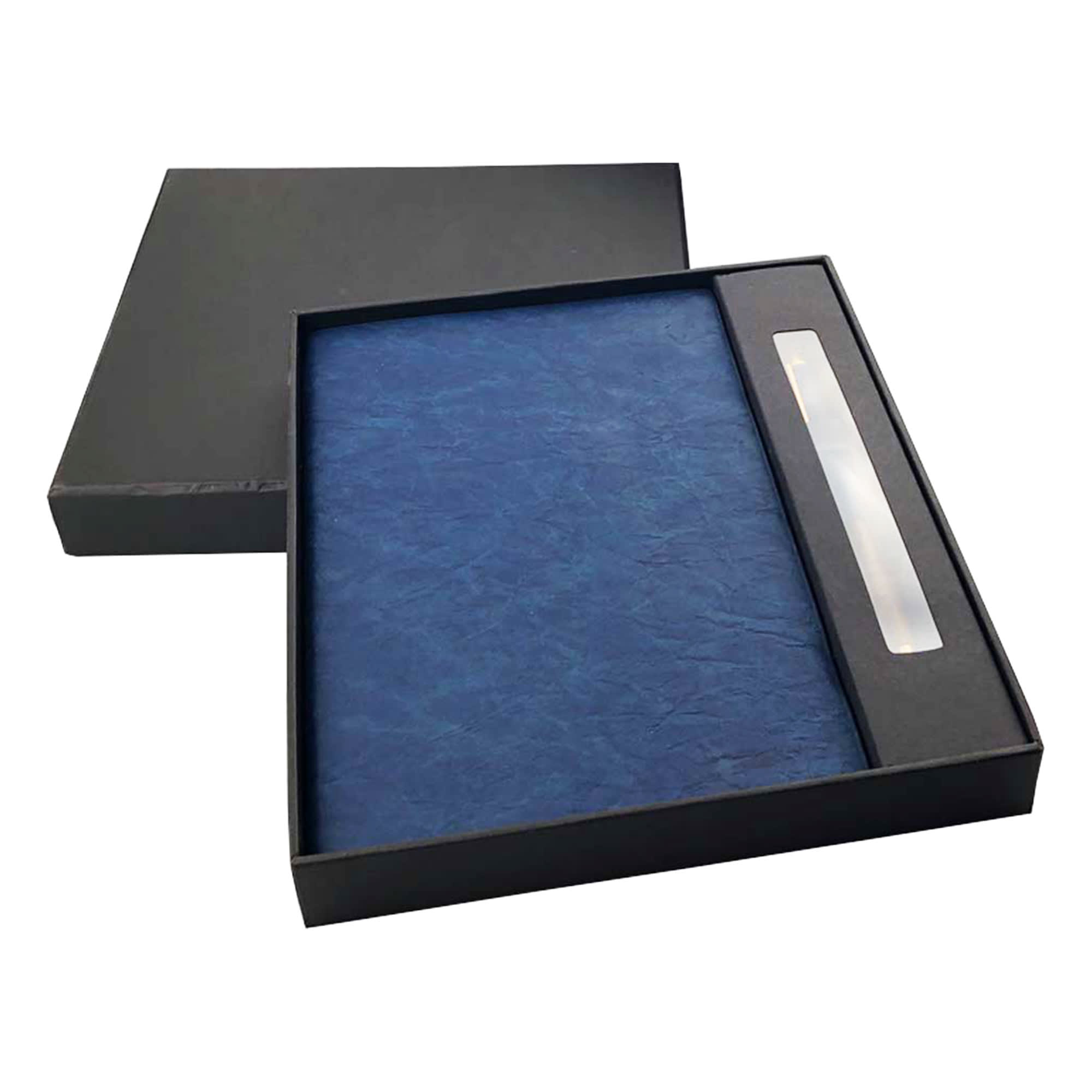 A navy notebook and pen set presented in a black gift box, featuring a sleek design and a logo. Falby Notebook and Pen Gift Set - Image 1