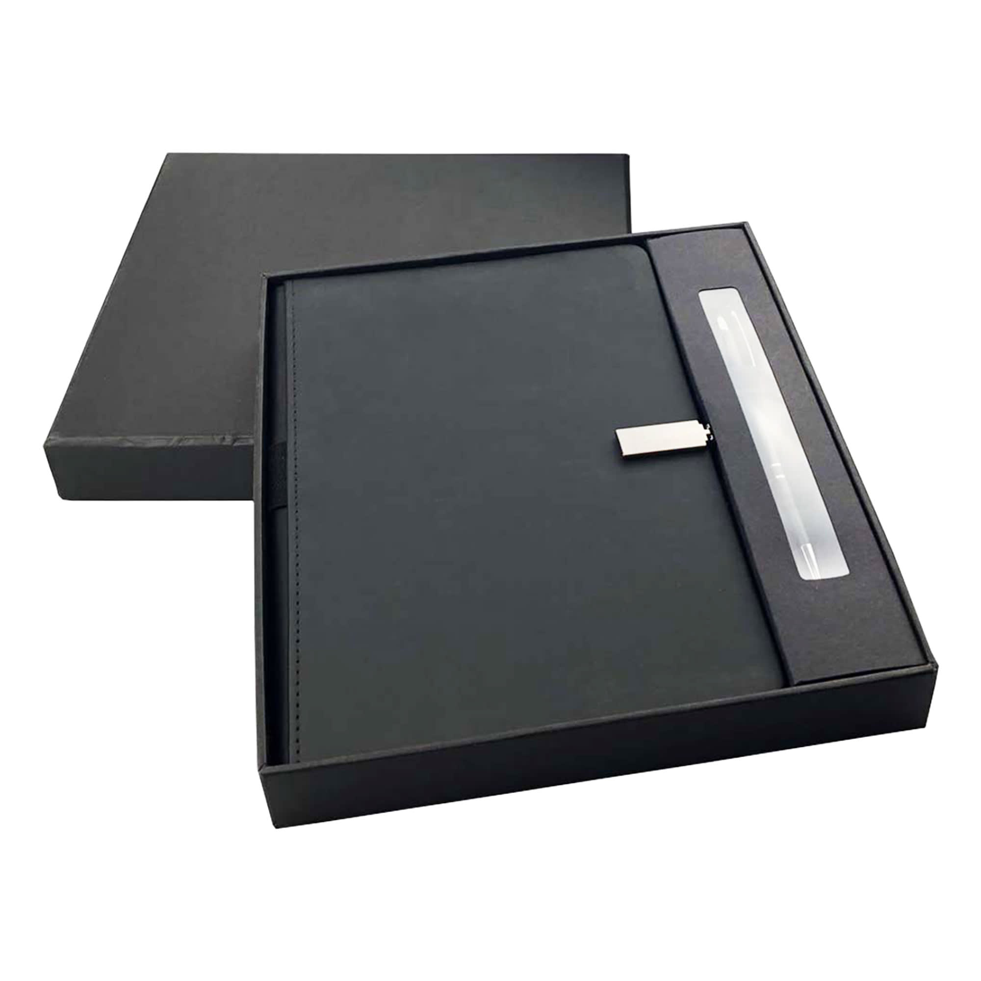 A black notebook and pen gift set presented in a sleek black box, featuring a stylish closure and an accompanying pen. Derly Notebook and Pen Gift Set - Image 1