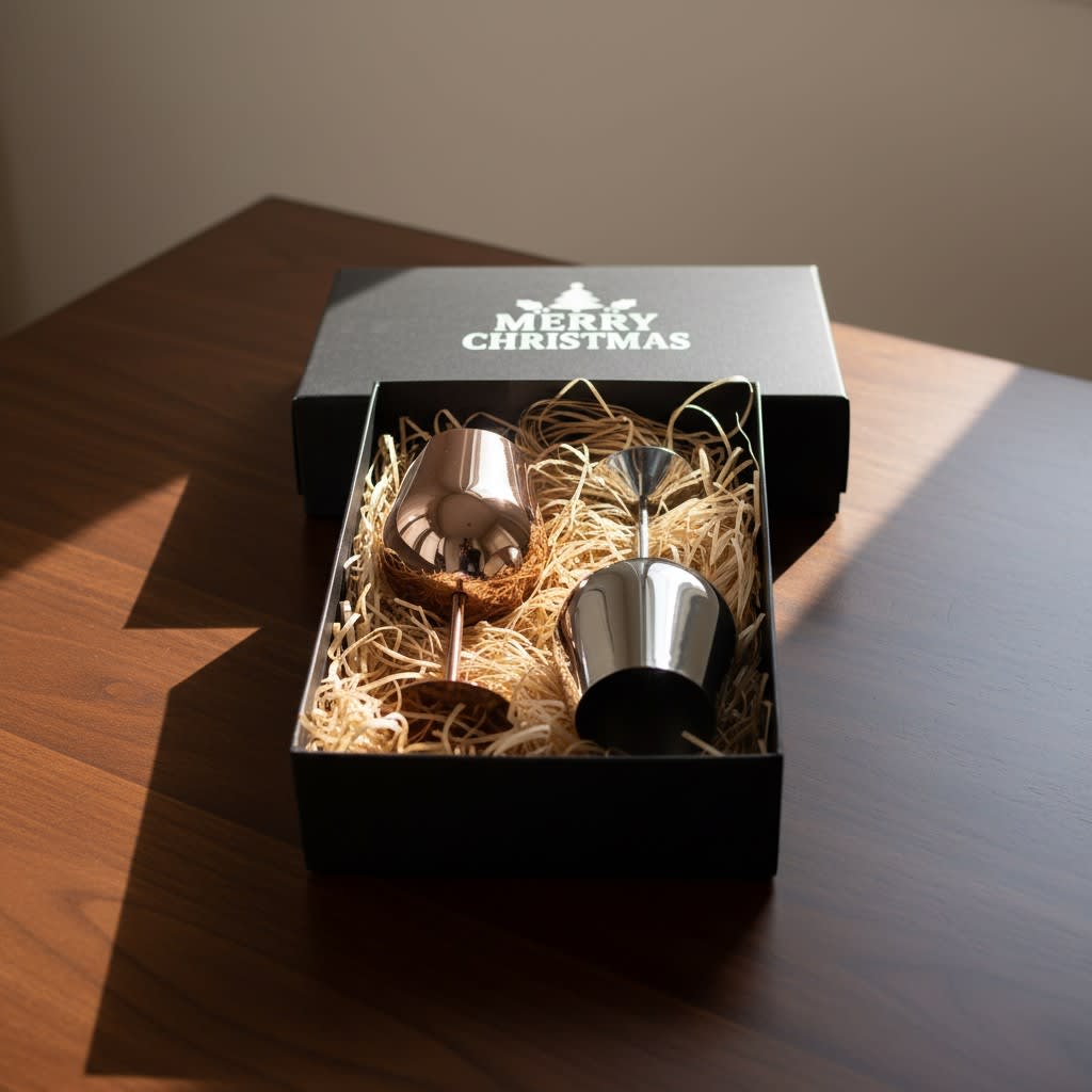 A stainless steel wine glass gift set in a black box, featuring two glasses nestled in straw. Bula Vinaka Stainless Steel Wine Glass Gift Set - Image 1