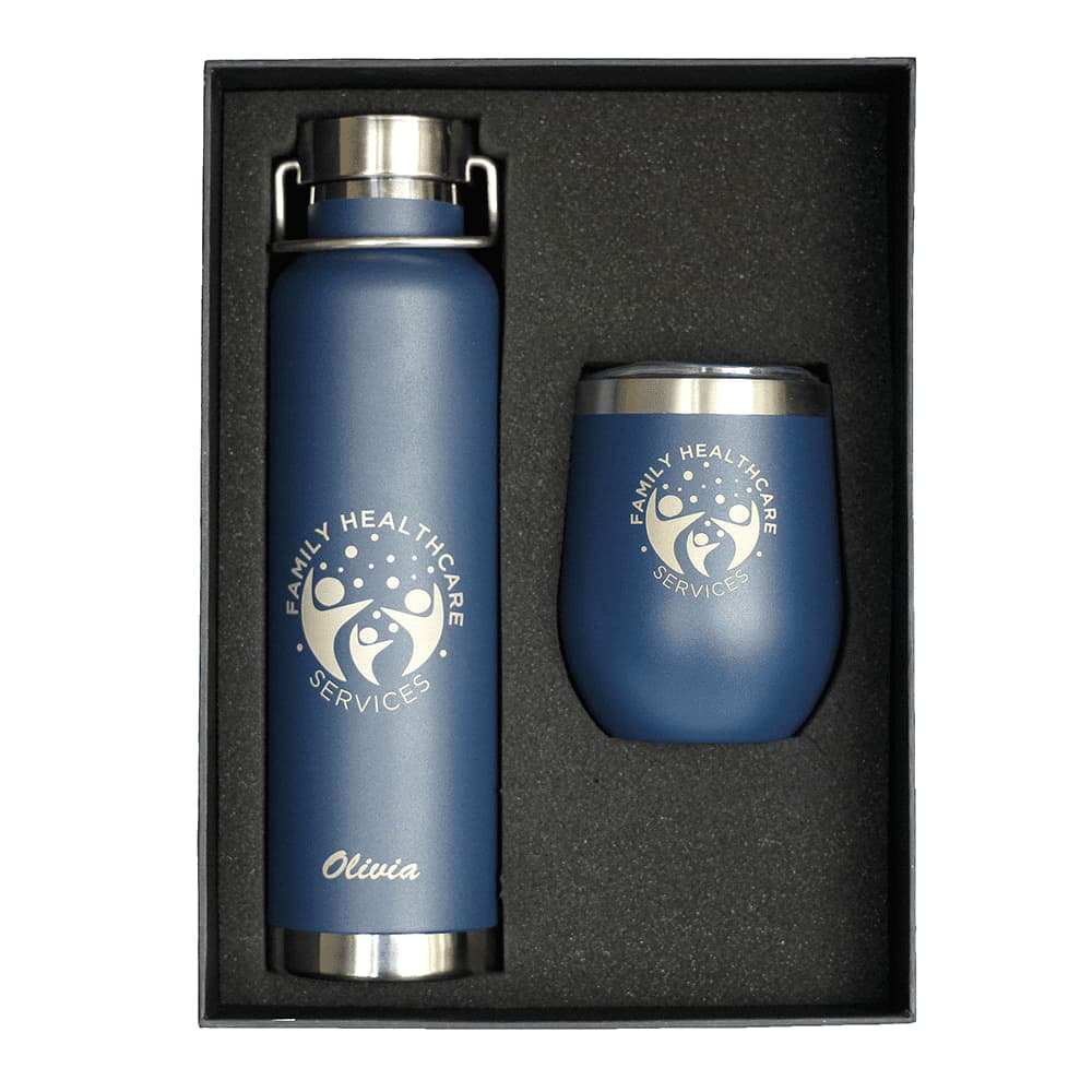 A drink bottle and tumbler gift set in navy blue, featuring a logo on each piece, presented in a black box. Thor Corzo Drink Bottle & Tumbler Gift Set - Image 1