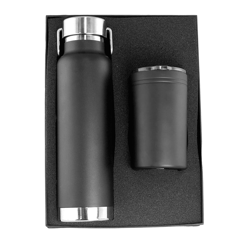 A drink bottle and tumbler gift set in matte black, presented in a black packaging with an inner foam insert. Thor Sherpa Drink Bottle & Tumbler Gift Set - Image 1