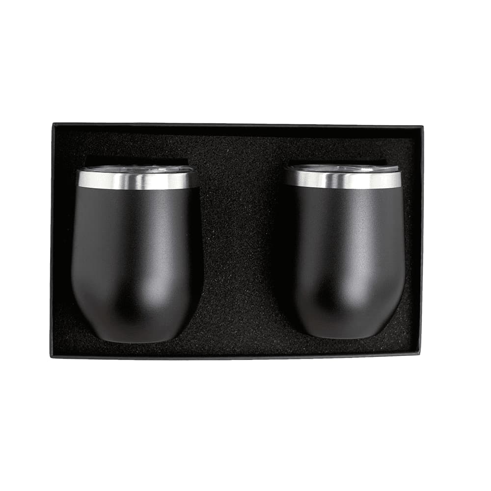 A gift set of two black insulated coffee mugs with silver accents, presented in a black box. Corzo Insulated Cup Giftset - Image 1