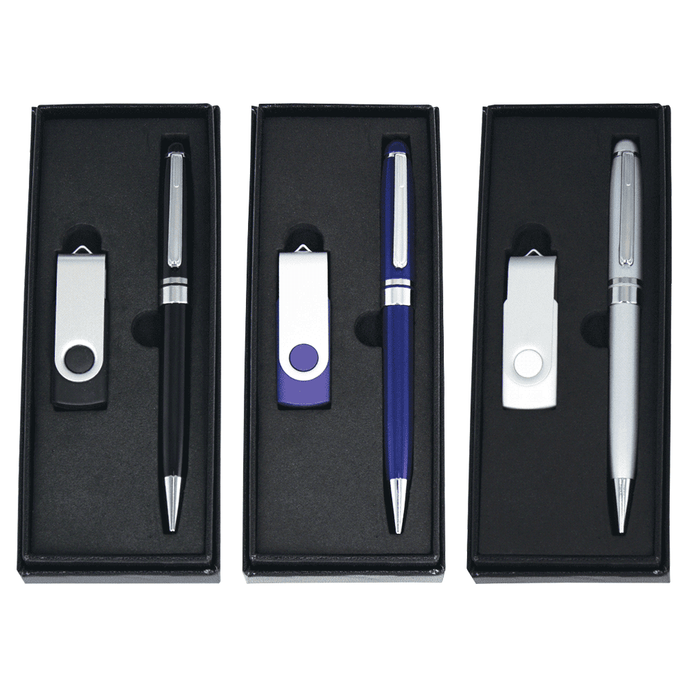 A gift set featuring three pens in black, purple, and silver, paired with USB flash drives in matching colours. USB (4GB) & Pen Giftset - Image 1