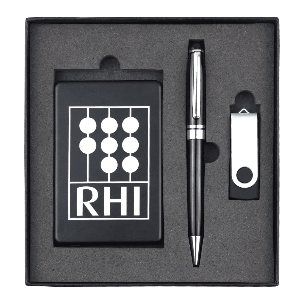 A black gift set containing a pen, a USB drive, and a card holder, all neatly arranged in a black box with a logo. Powerbank, USB (4GB) & Pen Giftset - Image 1