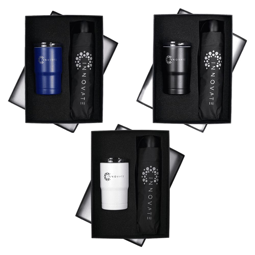 A tumbler and an umbrella in black, white, and blue, presented in a black gift box with logos. Umbrella & Tumbler Gift Set - Image 1
