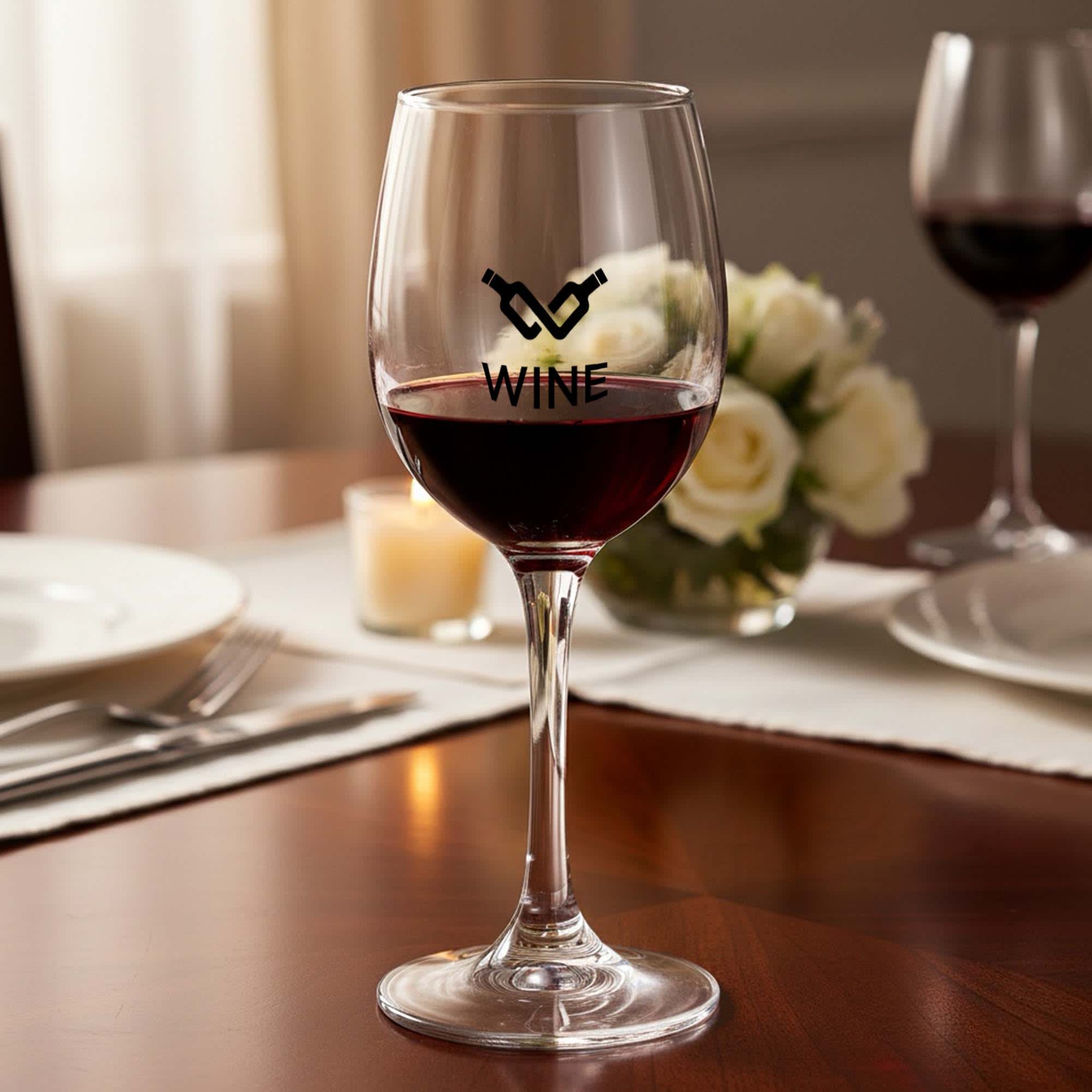 A wine glass with a round bowl, stem, and a logo, featuring red wine and placed elegantly on a table. Ville Wine Glass 200ml - Image 1