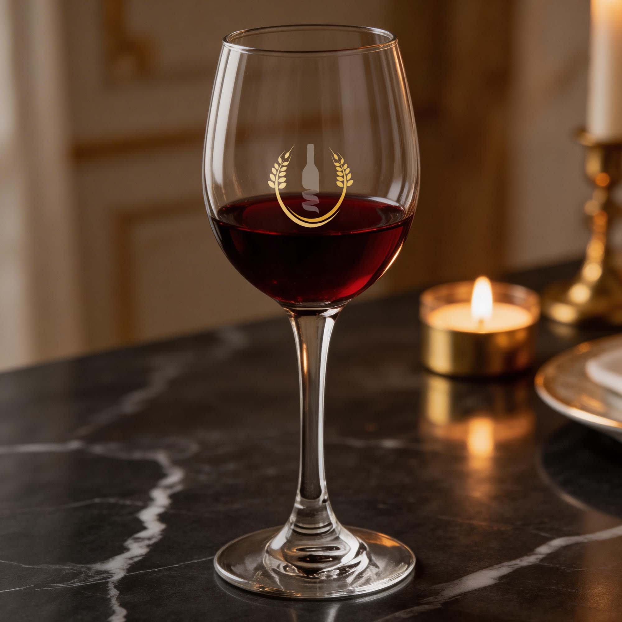 A wine glass with a stem, featuring a logo, filled with red wine, set on a dark marble surface. Wellie Wine Glass 330ml - Image 1