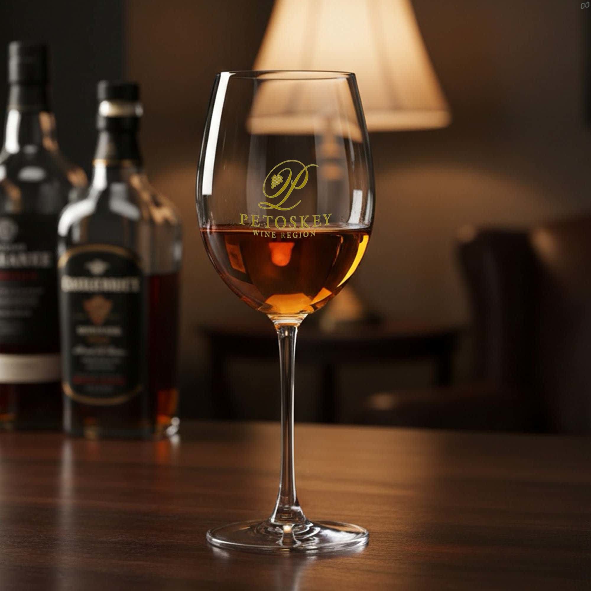 A wine glass with a stem, filled with amber liquid, featuring a logo, set against a softly lit background. Hanah Wine Glass 580ml - Image 1