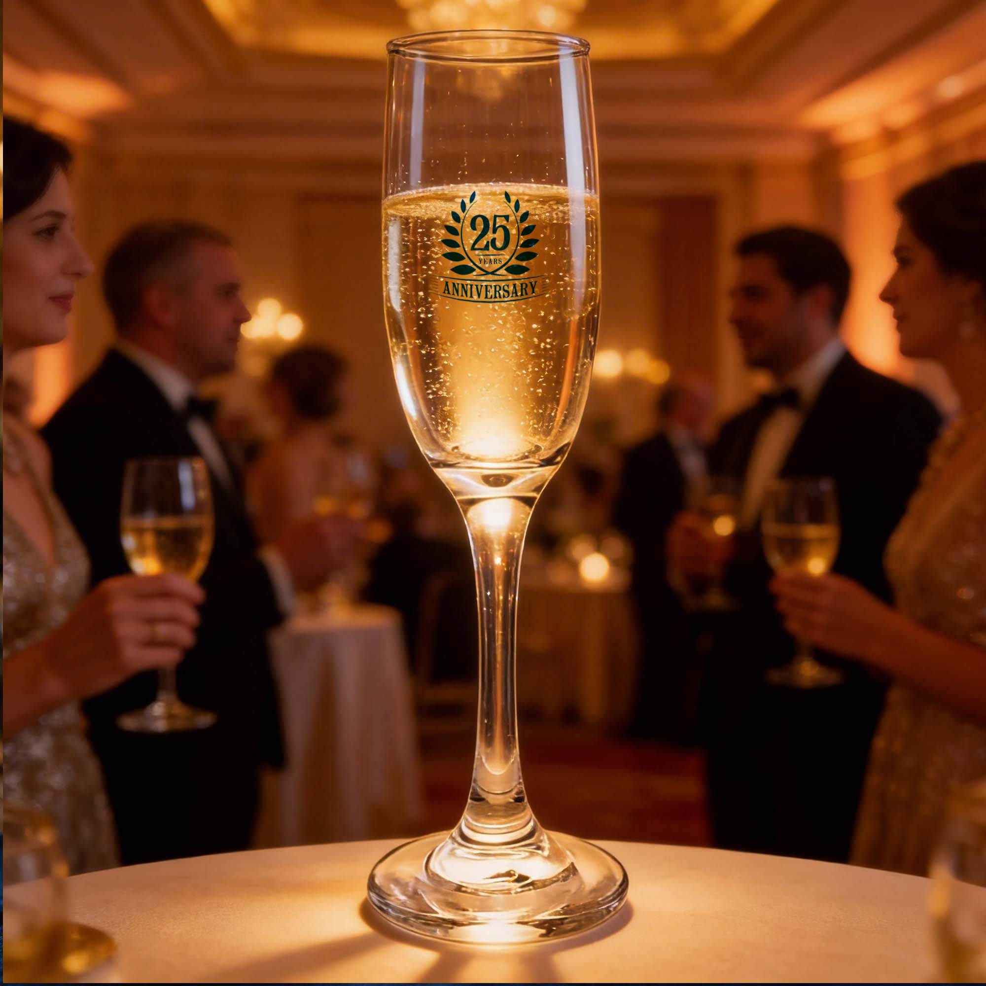 A Montio champagne flute, 185ml, made of clear glass, filled with sparkling champagne, set on a table at a festive event. Montio Champagne Flute 185ml - Image 1