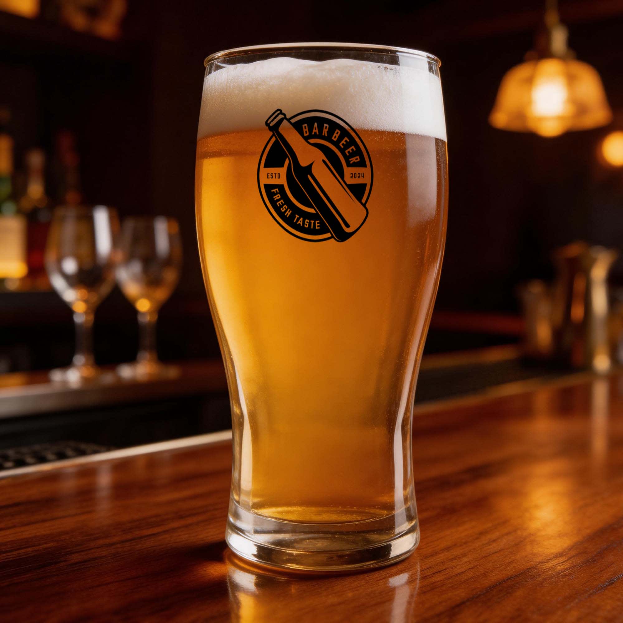 A clear, tall glass filled with light amber beer, topped with a frothy white head, featuring a logo. Arcal Schooner Beer Glass 550ml - Image 1