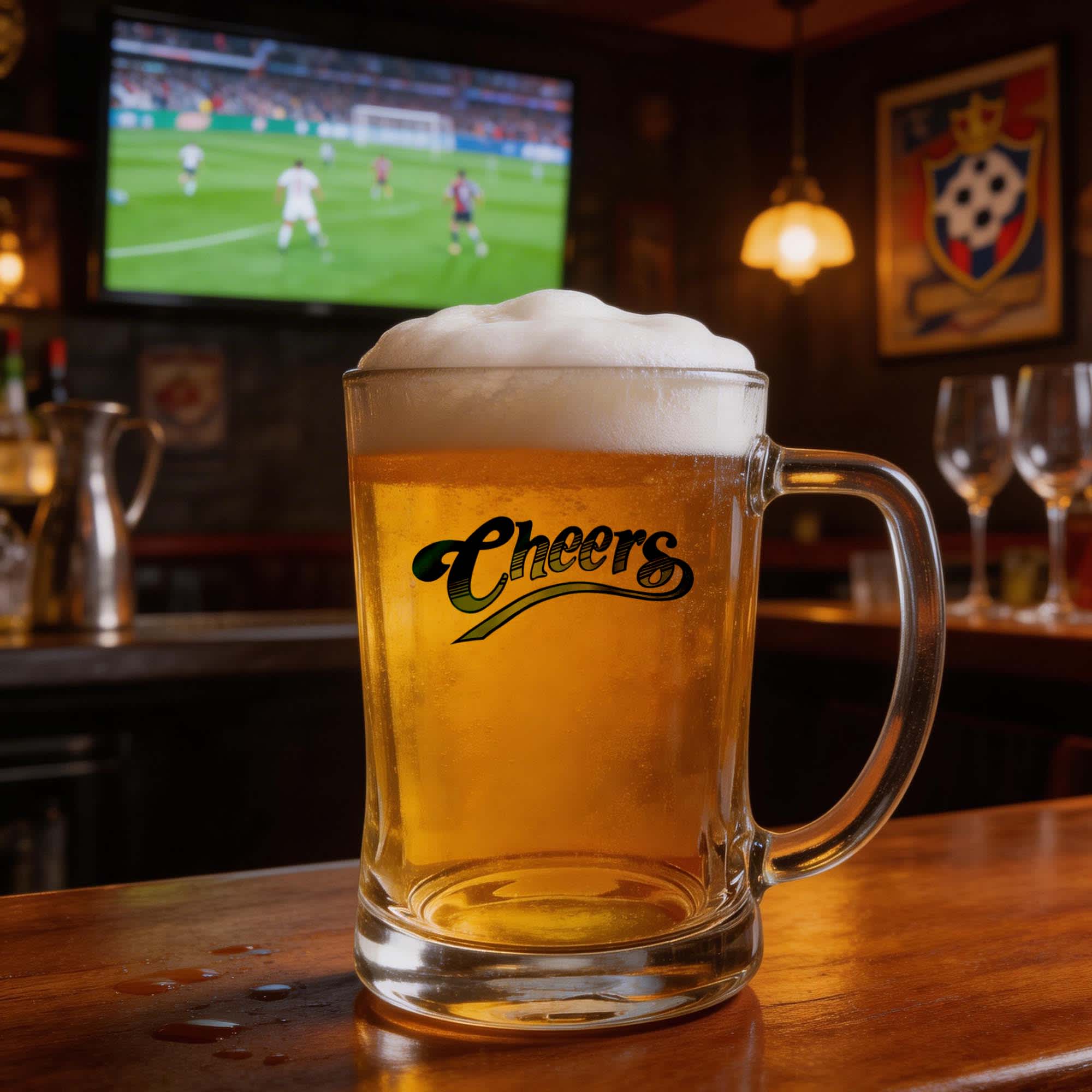 A glass beer mug with a handle, filled with golden beer and topped with frothy white foam, featuring a logo. Hamburg Beer Mug 660ml - Image 1
