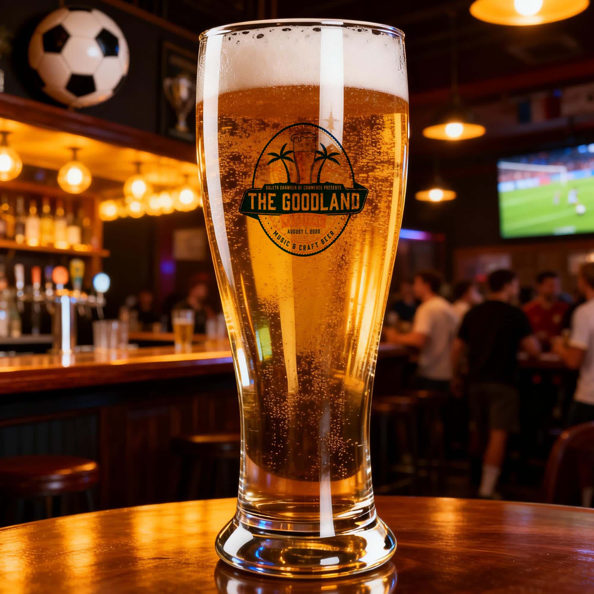 A beer glass filled with light golden beer, featuring a logo, set in a lively bar environment. Bira Beer Glass 310ml - Image 1